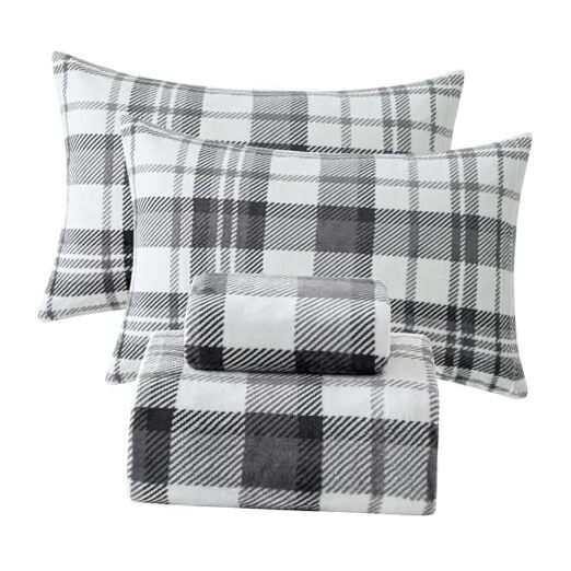 Micro Fleece Sheets Set, 4-Piece Size Bed Sheet Set, King Grey White Plaid