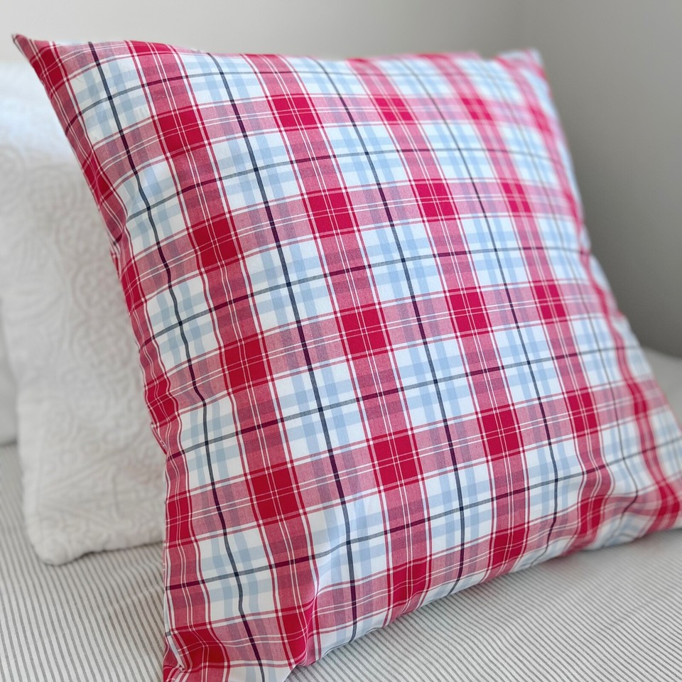 1 POTTERY BARN 20" Square Pillow Cover Beach PLAID red navy blue white