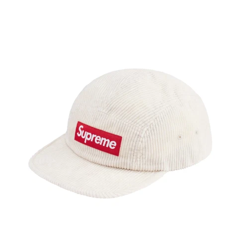 Casquette de camp Supreme velours côtelé (FW24) pierre authentique neuve logo boîte rouge à la main