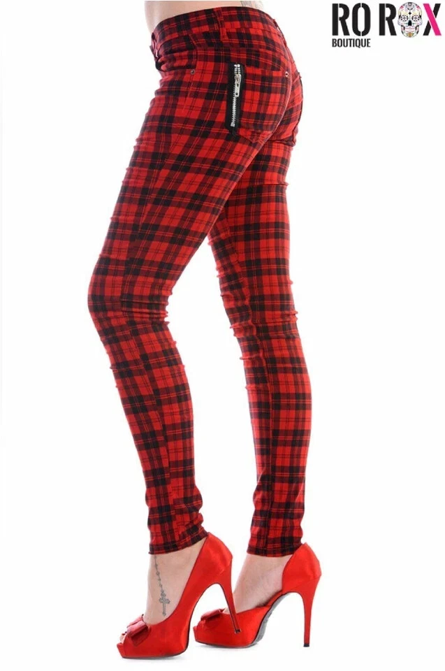 Women's Plaid Check Punk Skinny Trousers - Ladies Goth Emo Stretch Tartan Pants - Image 3 of 4