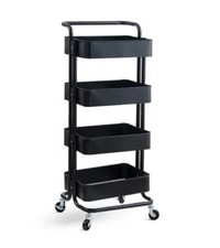 Storage Trolley on Wheels 4-Tier in Black Makeup Shelves Cleaning Metal Trolley