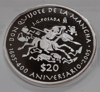 2005 Mexico 20 Pesos Silver Coin Proof Don Quixote Commemorative