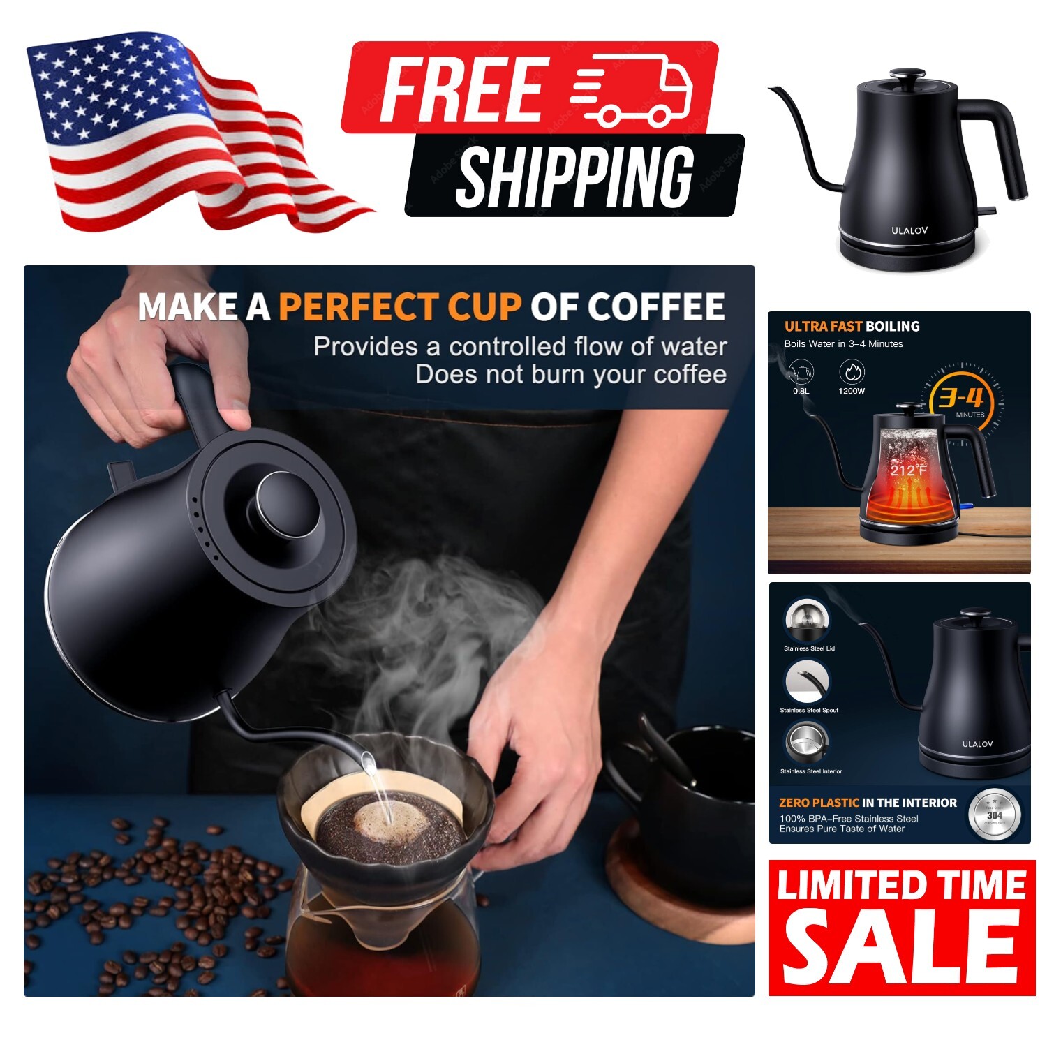 Matte Black Electric Kettle - Leak-Proof Design with Auto Shut-Off Safety