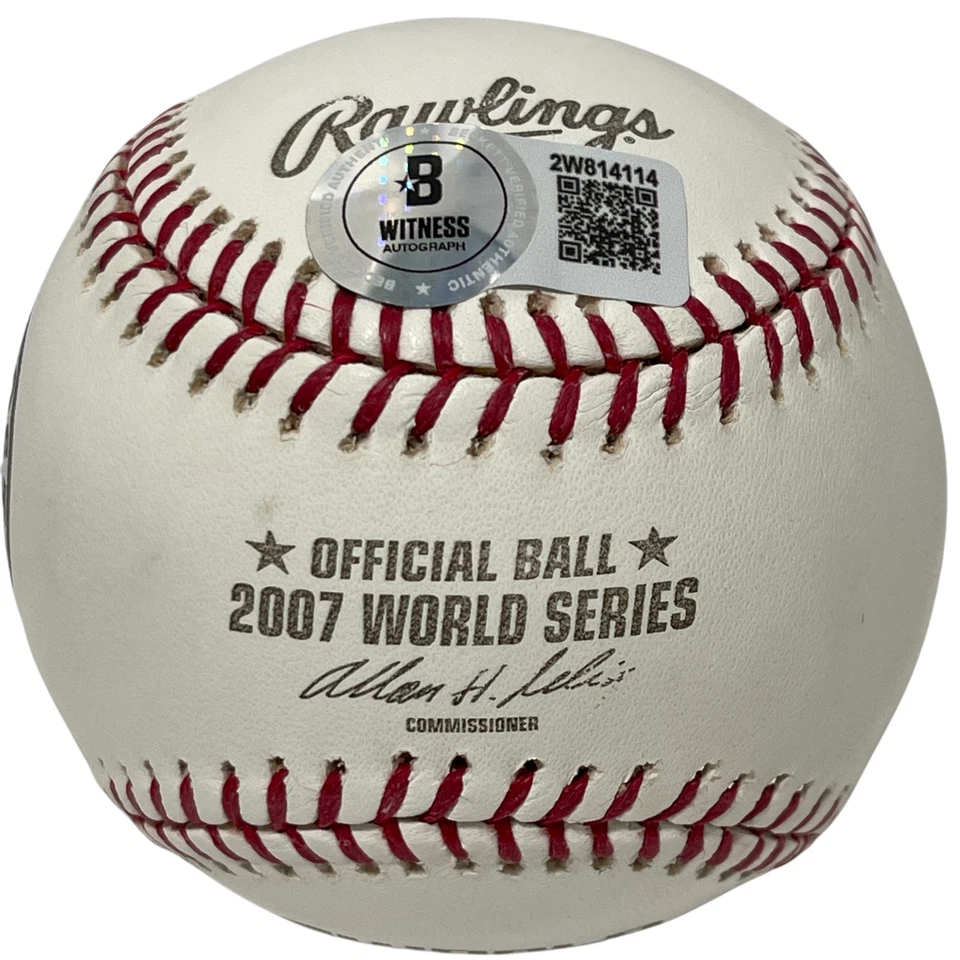 Mike Lowell Firmado 2007 Serie Mundial LE Oro Béisbol con WS MVP Beckett con Certificado de Autenticidad BAS Foto 4 de 4