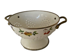 White Enamel Colander Pestestal Footed Colandar with Fruit Accents by Tabletops