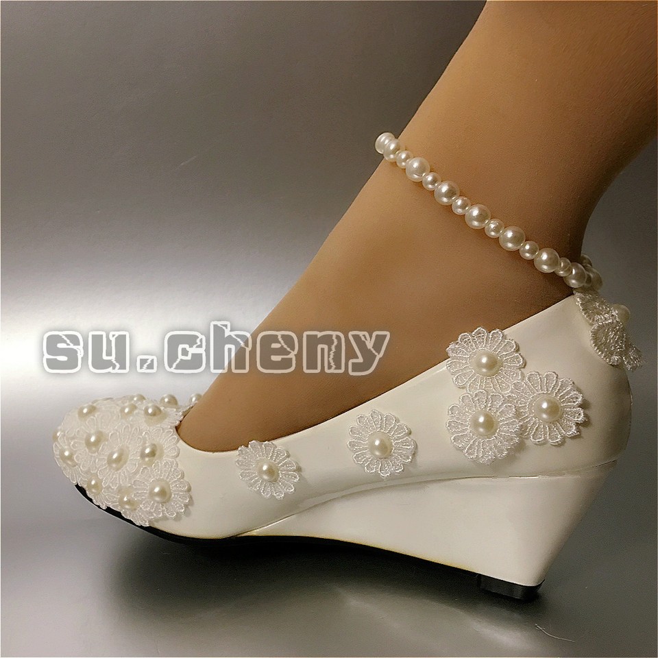 Women's Wedding Bridal Shoes - Lace, Pearls & Crystal Flats/Pumps, White/Ivory