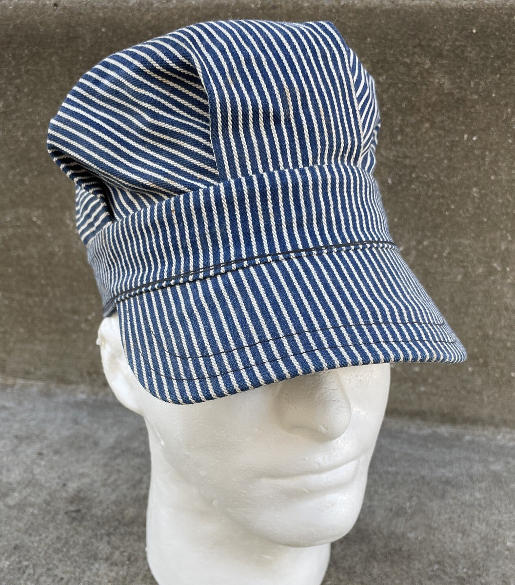 Vintage Railroad Train Engineer Hat Cap Workwear Striped Denim USA