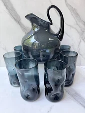 Vintage BLENKO SET (7!) #544 Pitcher w/ #418-L Indented Glass Tumblers, CHARCOAL