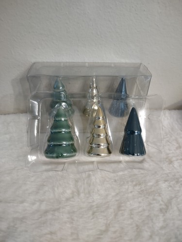 Set of 6 Stoneware Christmas Tree Figurines Gold & Light & Dark Green 3" - Picture 4 of 6