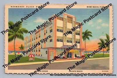 Normandy Plaza Hotel MIAMI BEACH Vintage Linen Art Deco Architecture 1950