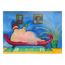 Ritratto donna tempo libero espressionismo arte popolare dipinto originale 5,5 x 7,5 Potocki