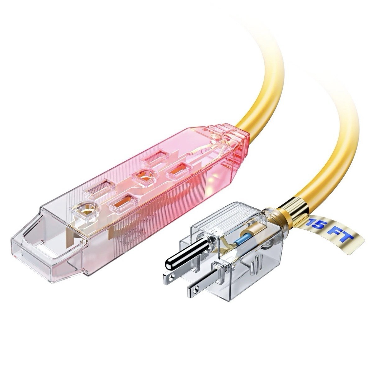 Extension Cord 15 ft, with 3 Outlets and Lit Ends, 16 Gauge (Yellow)