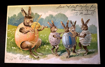 Rabbits in Eggshells~Play Music~Dance~1907 ~Anthropomorphic~Easter Postcard~j180