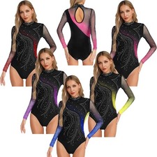US Womens Figure Skating Gymnastic Leotard Glitter Rhinestone Gradient Jumpsuit