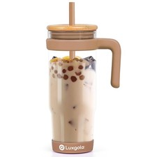 32 oz Glass Tumbler with Handle, Iced Coffee Cup with Bamboo Lid and Straws, ...