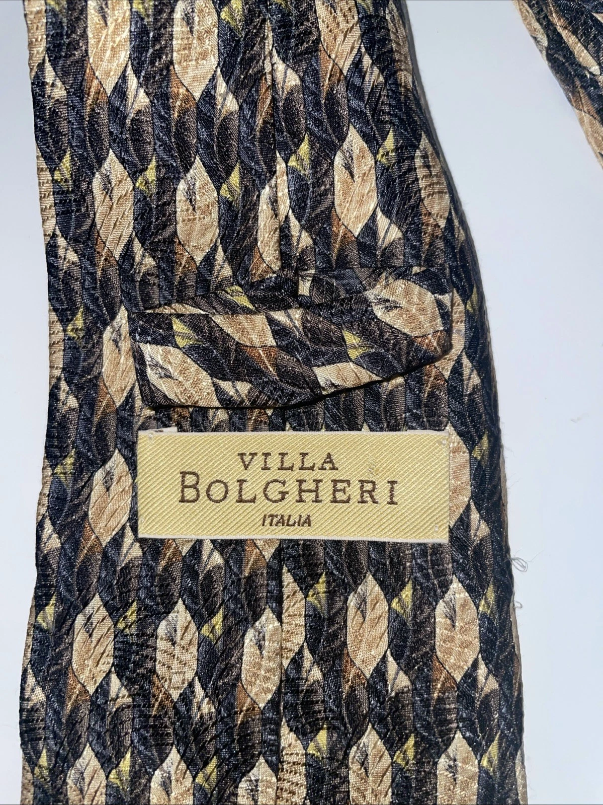 Villa Bolgheri Mens Silk Necktie Gray Gold Yellow Leaf Geometric Print Tie Italy - product detail image 1