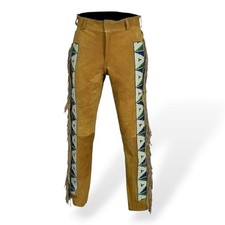 Vintage Style Beige Suede Fringe Pants Beaded Tribal Design Back Pockets Western