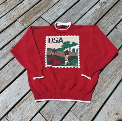 Vintage Golf Postage Stamp John Henry Crewneck Sweater Medium 90s Red Pullover
