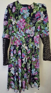 Vintage 1980s Dark Floral Dress Black Lace Sleeves Dropped Waist Party Prom M