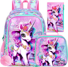 3PCS Unicorn Backpack, Water Resistant Girls Bookbag Set with Lunch Box  Cute Kid
