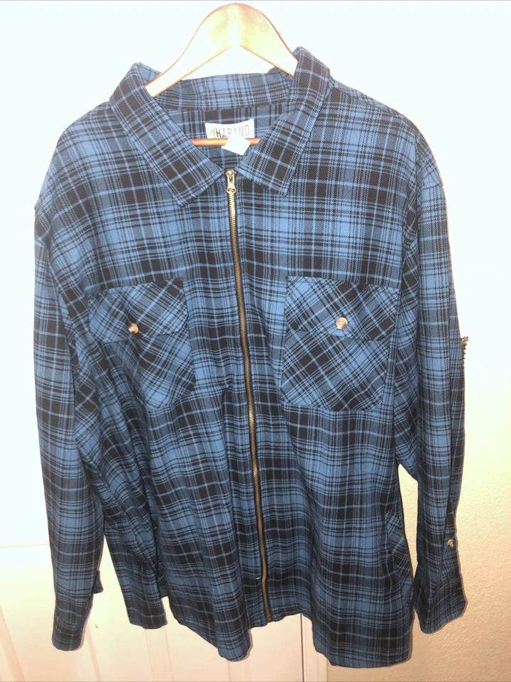 Men’s 4XL Haband blue and black plaid flannel zip-front shirt jacket. - Image 4 of 4