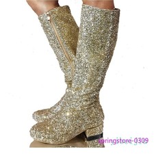 Womens Glitter Knee High Low Heel Mid Calf Boots Shoes Bling Bling Plus Size NEW