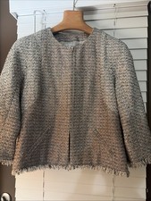 CHANEL 04P TWEED FRINGE TRIM CC LOGO BUTTON BLAZER JACKET FR44 US12