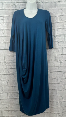 Sahara Jersey Shift Dress MIDI Size S Blue Draped Front Long Sleeve Stretchy - Picture 1 of 8