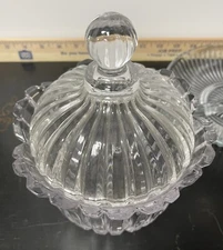  Small Canister Lidded Jar Bowl Clear Glass Ribbed with Flared Rim Pre Owned