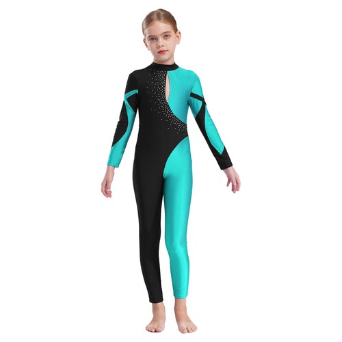 Girls Color Block Dance Costume Gymnastics Jumpsuit Long Sleeve Skating Bodysuit - Picture 84 of 119