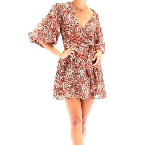 MINKPINK Floral Mini Dress Medium Boho Puff Sleeve Belted V-Neck NWOT - Picture 9 of 11