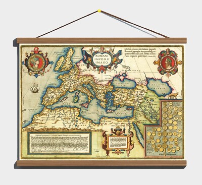 Antique Old 1592 Map Of The Ancient Roman Empire; Cotton Canvas, Wooden Hanger