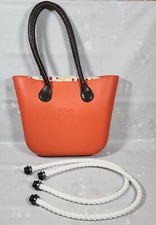 Obag Tote Bag Shoulder Bag Orange Brown Leather Handles W/ Canvas Insert