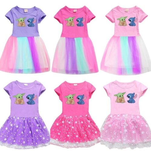 Girls Lilo Stitch Yoda Baby Dress Rainbow Party Pleated Tutu Princess Skirt Gift - Afbeelding 1 van 20