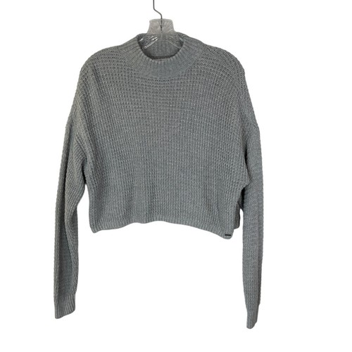 Hollister Oversize Pullover Damen Grau Cropped Waffelstrick Stehkragen Größe Small