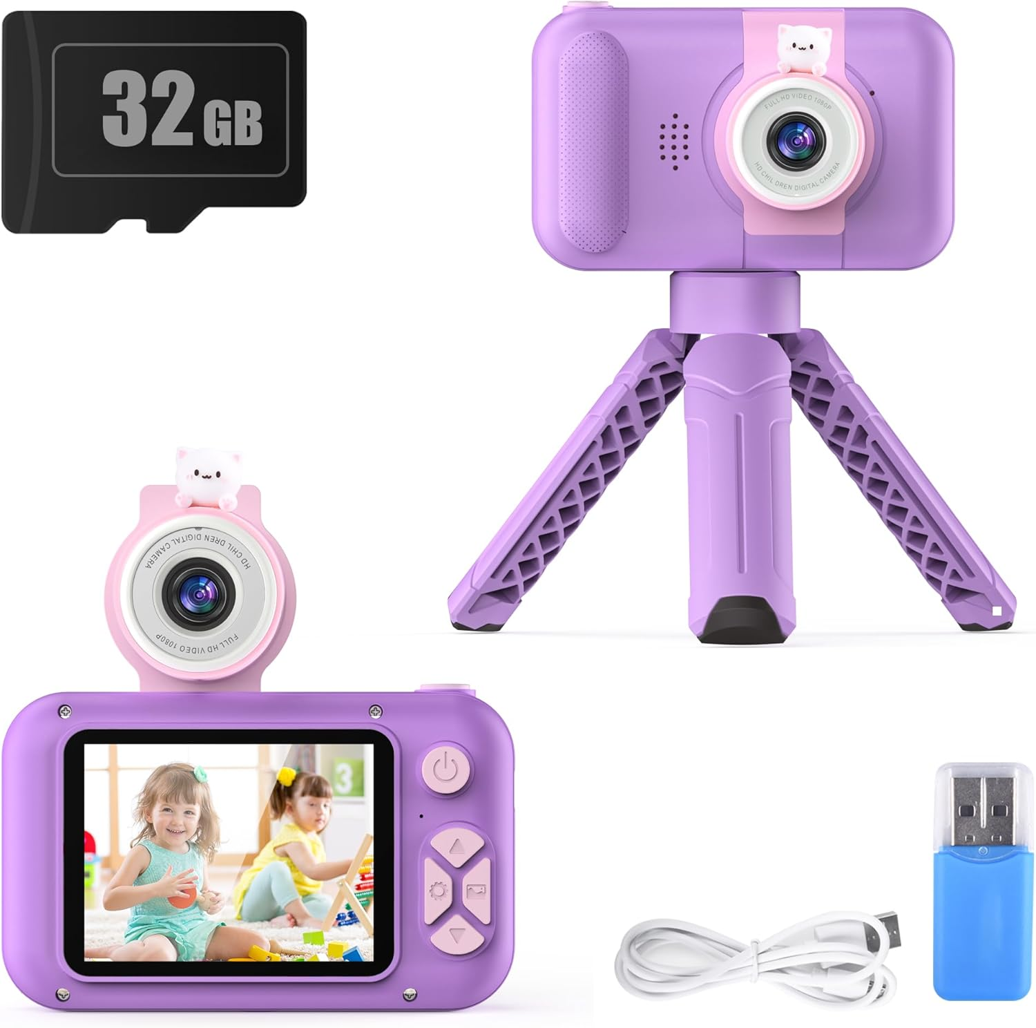 Kids Camera with Flip-Up Lens for Selfie & Video, HD Digital Camera with 32GB SD