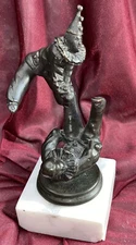 Antique Bronze Statue Two Clowns Playing Leapfrog Pierrots Base Is Chipped
