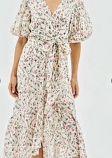 NWT Minkpink Women's Pink Floral Dress Sz L Balloon Sleeves Tie Belt Cottagecore