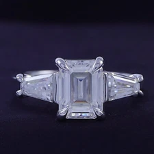 7.40Ct IGI Emerald Cut Lab Grown Diamond Side Baguette Three Stone Ring 14K Gold