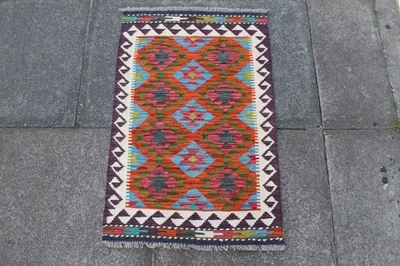 Tapis Kilim Vintage Fait Main Traditionnel Laine Rouge/Bleu 91x60cm - Photo 1/4