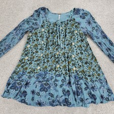 Free People Womens Lucky Loosie Dress S Blue Floral Long Sleeve Mini Swing Flowy