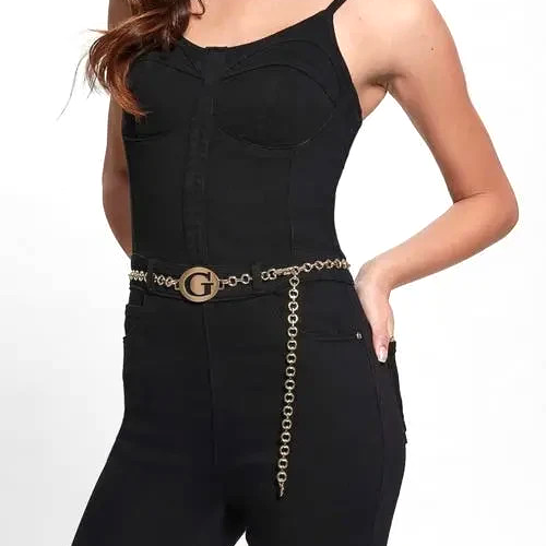 GUESS Bustier Struktur Jeans Jumpsuit Einteiler Skinny Gürtel Stretchig Blk XS - Bild 8 von 8