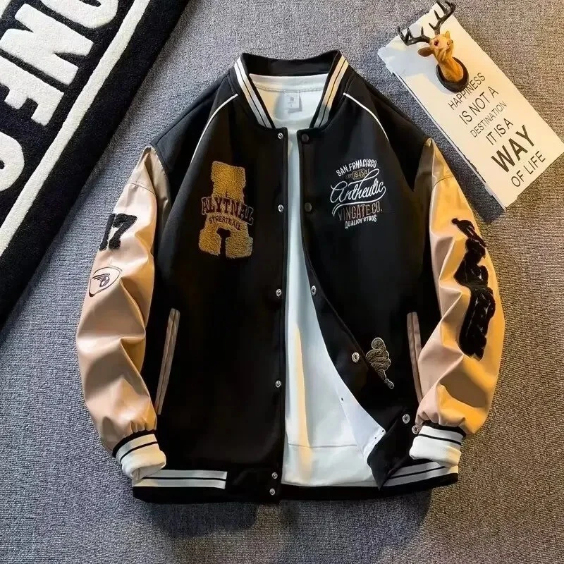 NEW American Embroidered Leather Sleeve Baseball Jacket Men's Long Sleeve Coat