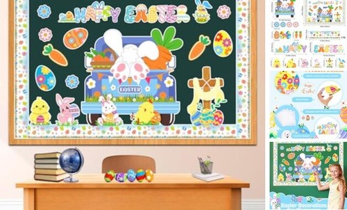 Happy Easter Bulletin Board Decorations with Egg Bunny Chick Cross,Bulletin