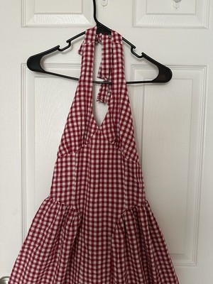 Red White Gingham Halter Neck Sleeveless Midi Cotton Sundress for Women |  eBay