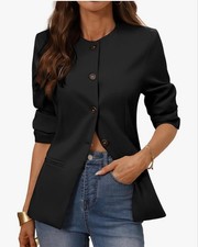 NEW Black Round Neck Slim Fit Lined Blazer career Long Sleeve Button M