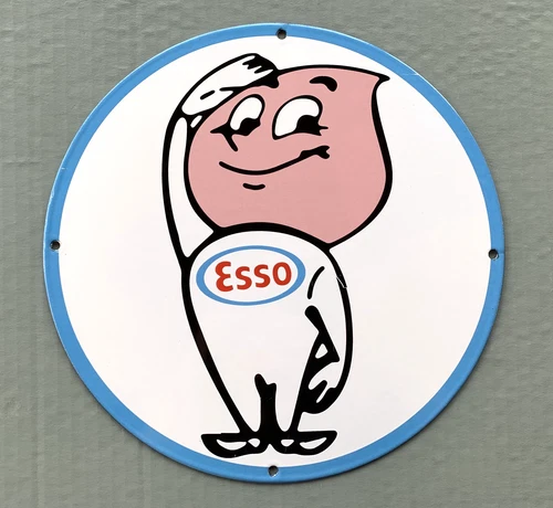 VINTAGE ESSO BOY 12" GASOLINE MOTOR OIL GAS PUMP STATION PORCELAIN DIE CUT SIGN