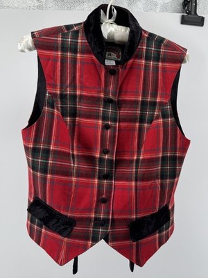 Vtg Pine Cove Red Tartan Plaid Vest Velvet Trim Preppy Holiday USA Sz Small