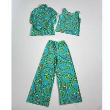 Vtg 70s Psychedelic Floral Bell Bottom Pants Shirt Top 3 Piece Set Day Glo Retro