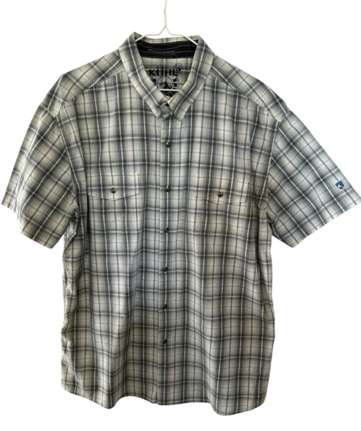 KUHL Men's XL Plaid Short-Sleeve Button Up Shirt Green White Hiking Linen Cotton